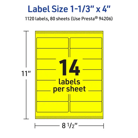 Avery Neon Yellow Paper Labels, 1-1/3" x 4" Rectangle {5}
