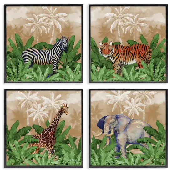 Stupell Industries Jungle Animals & Palms 4 pc Framed Giclee Wall Art Set Design by Paul Brent {6}
