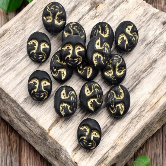 *15* 13mm Gold Washed Matte Jet Black Moon Face Coin Beads {3}