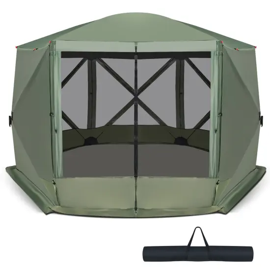 Costway 11.5 X 11.5 FT 6-Sided Pop-up Screen House Tent With 2 Wind Panels for Camping Coffee/Green {1}