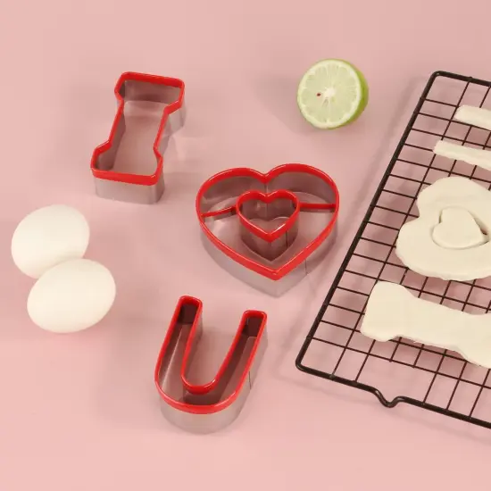 Valentine's Cookie Cutter Set 3 Heart & "I Love U" Shapes Cookie Cutters Stainless Steel Silver {2}