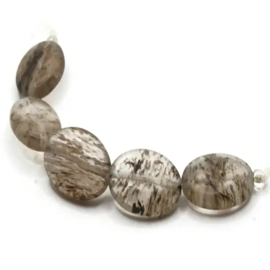 5 20mm Clear Quartz Glass with Black Inclusions Flat Oval Beads {2}