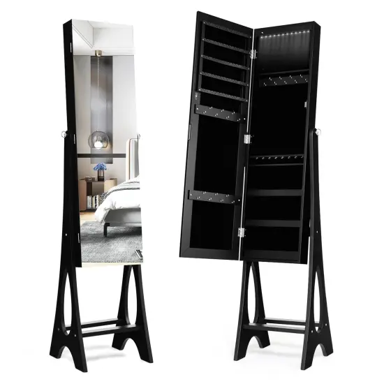 Freestanding Jewelry Cabinet Armoire Organizer with Bevel Edge Mirror Brown {8}