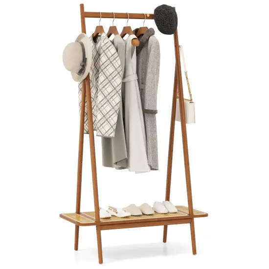 Wicker Clothes Rack with Hanging Rod Rattan Shelf and Copper Hooks Brown {4}