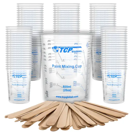 TCP Global 20 Ounce (600ml) Disposable Flexible Clear Graduated Plastic Mixing Cups - Box of 100 Cups & 50 Mixing Sticks - Use for Paint, Resin Epoxy {1}