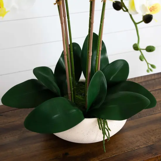 Nearly Natural Phalaenopsis Orchid Artificial Floral Arrangement with Ceramic Planter - 23" - White {6}