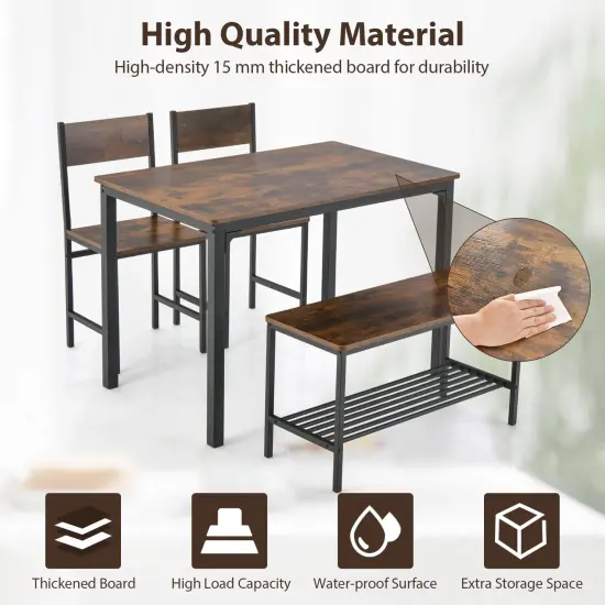 Costway 4pcs Dining Table Set Rustic Desk 2 Chairs & Bench with Storage Rack Brown/Grey/Coffee {6}
