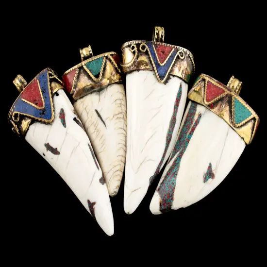 The Bead Chest Blue Inlaid Conch Shell Tooth Pendant 55x30mm Nepal Multicolor Large Hole {5}