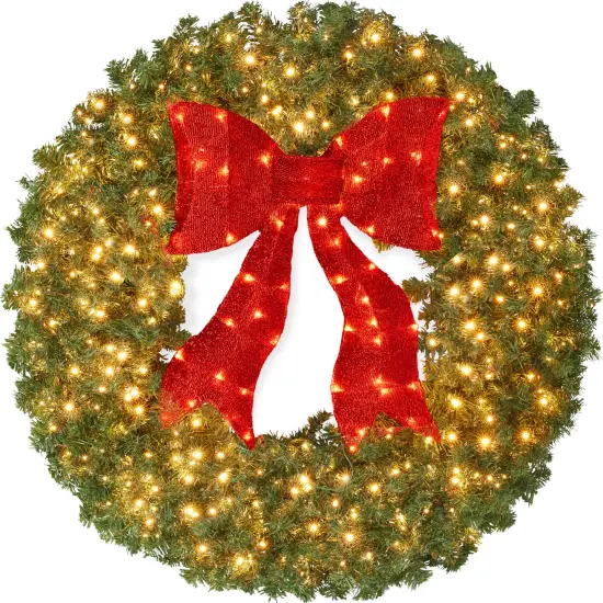 Best Choice Products Artificial Pre-Lit Fir Christmas Wreath D&eacute;cor w/ Red Bow, LED Lights, Tips, Plug-In {7}