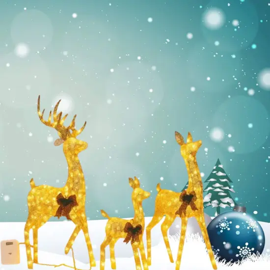 Three Deer Figures, Champagne Cotton Thread, Holiday Decoration 52" + 46" + 29" {5}