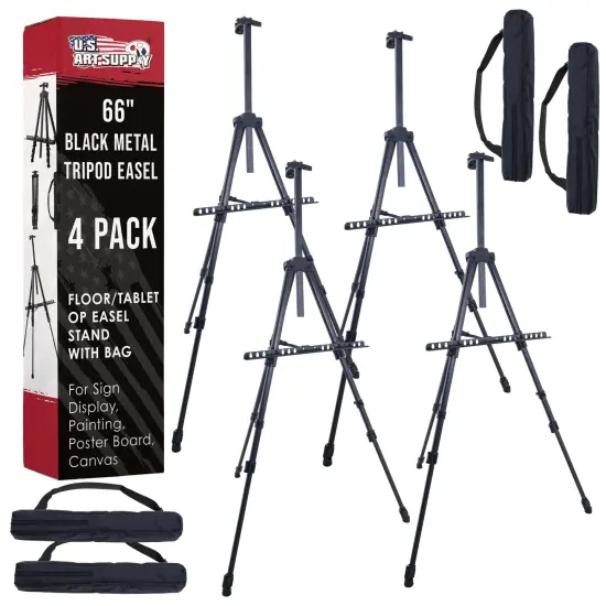 U.S. Art Supply 66" Black Metal Tripod Easel Display (4 Pack) - Adjustable 20"- 5.5', Holds 32" Canvas - Floor/Tabletop Easel Stand, For Sign Display, Painting, Poster Board, Canvas - Portable Bag {1}