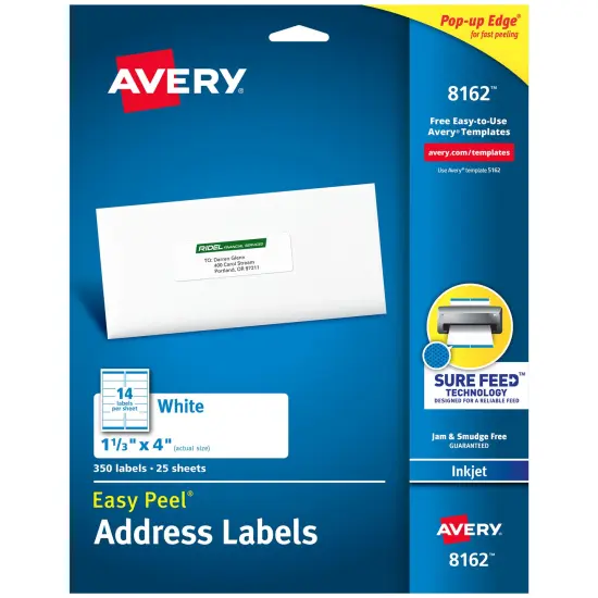 Avery Easy Peel Address Labels, Sure Feed Technology, Permanent Adhesive, 1-1/3" x 4", 350 Labels (8162) {1}