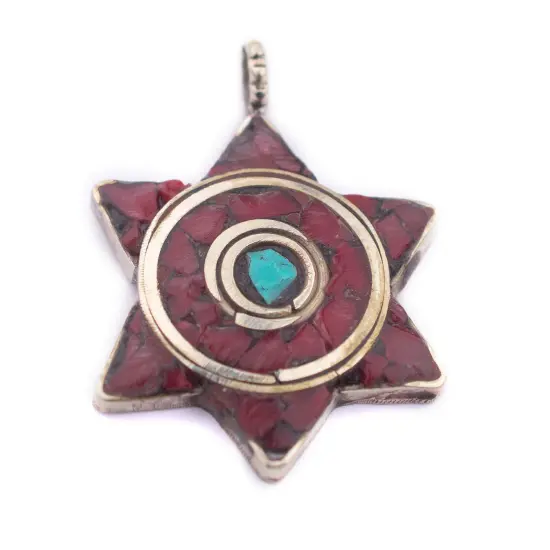 The Bead Chest Red & Blue Nepal Star of David Pendant Multicolor Brass Large Hole {4}