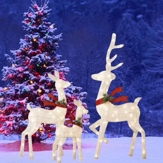 Dazzling White Cotton Thread Lighted Deer Family Set for Holiday Decor 60"+48"+32" {4}