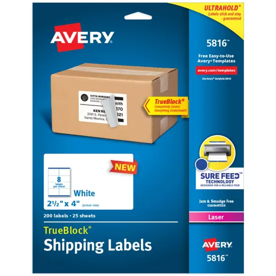 Avery Printable Blank Shipping Labels, 2.5" x 4", White, 200 Labels, Laser Printer, Permanent Adhesive (5816) {1}