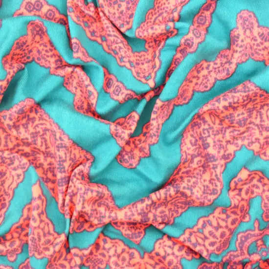 Aqua Teal-Neon Coral Lace Chevron Printed Double Brushed ITY Knit Fabric By the Yard {3}