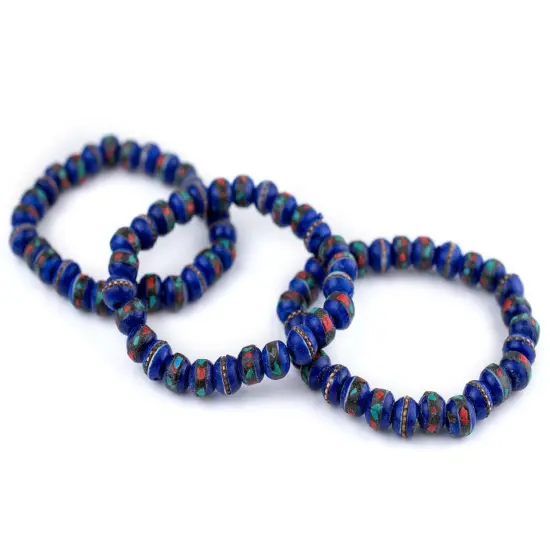 The Bead Chest Mala Stretch Bracelet, Cobalt Blue - Stackable Nepal Bone Inlaid with Turquoise & Coral Colors, 100% Authentic and Genuine {3}