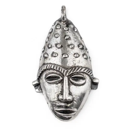 The Bead Chest Elongated African Silver Mask Pendant (50x90mm): Genuine West African Mask Design for DIY Jewelry & Necklaces {1}
