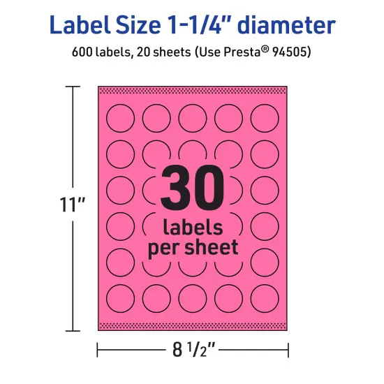 Avery Bright Pink Paper Labels, 1.25" Diameter Round {5}