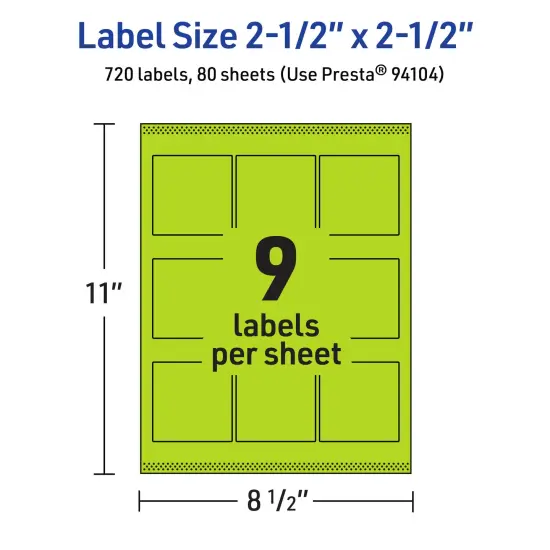 Avery Bright Green Paper Labels, 2.5" x 2.5" Square {5}