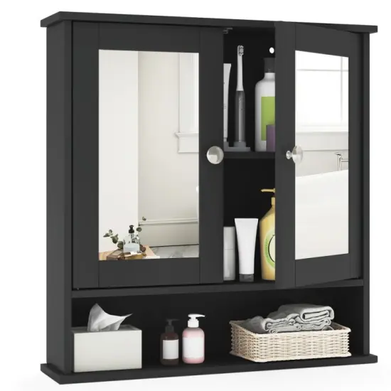 Wall Cabinet with Double Mirror Doors Adjustable Shelf Storage for Bathroom and Bedroom Brown {7}
