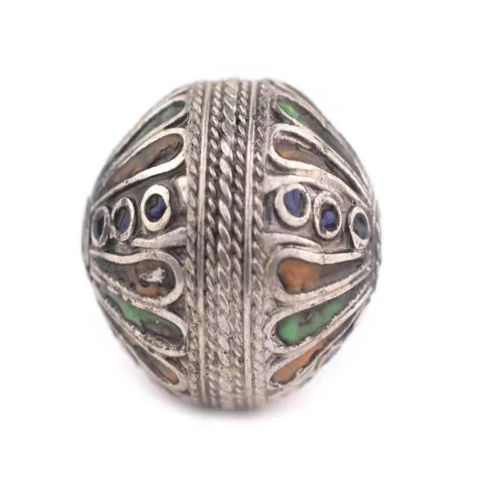 The Bead Chest Extra Fancy Silver Enamel Berber Bicone Bead Pendant 29mm Morocco African Multicolor White Metal Large Hole Handmade {4}