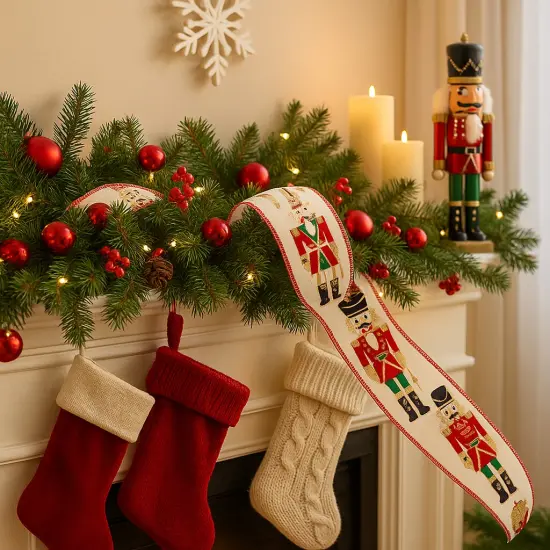 Designer's Shop WR 63-5222 2.5&rdquo; x 10 yard Holiday Nutcracker with gold glitter wired edge ribbon {4}