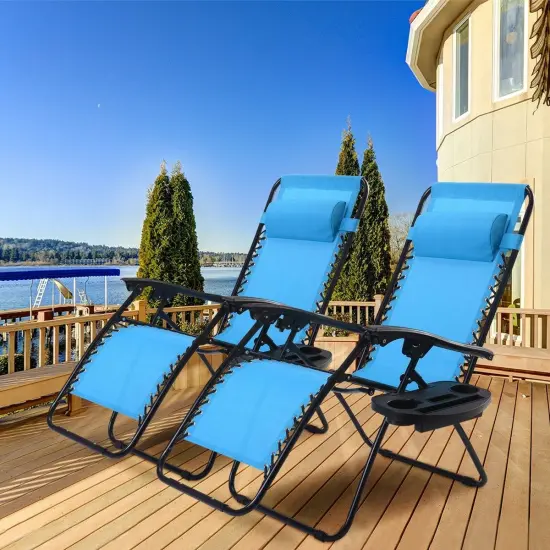 Set of 2 Folding Zero Gravity Recliner Chairs with Cup Holder Tray and Headrest for Patio or Lawn Blue {5}
