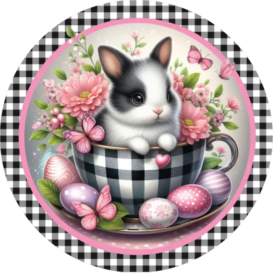 Black Check Easter Spring Bunny Teacup Sign {1}