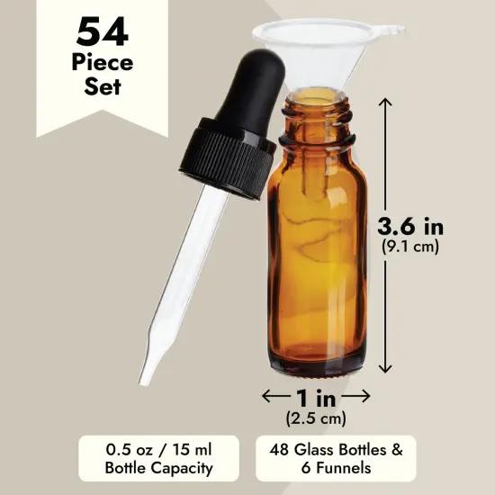 48 Pack .5 oz Amber Glass Bottles with Dropper Dispenser and 6 Funnels for Essential Oils, Aromatherapy, Liquids (54 Total Pieces, 15ml) {5}