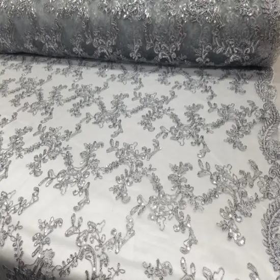 1 Yard Silver Metallic Flowers Sequins Mesh Lace Fabric for Tablecloths and Costumes {1}