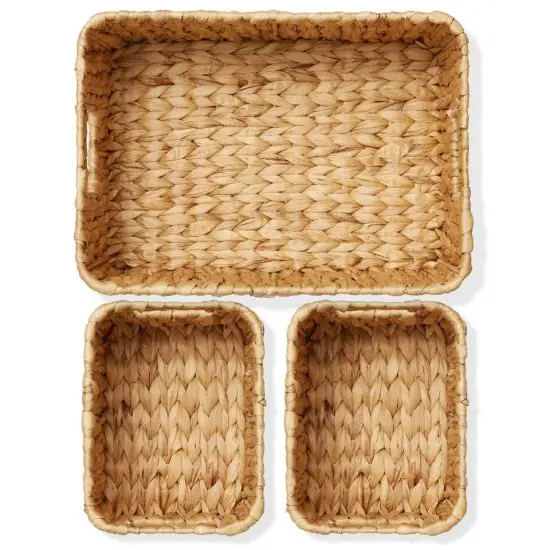 3pc Hyacinth Wicker Storage Basket Set, Woven Shelf Organizer Bins, Natural {2}