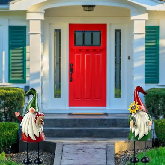 Metal Gnome Yard Art Outdoor Garden Gnome Statue 18 Inch Gnome Figurine Decorative Stakes for Holiday Christmas Lawn Patio Yard Garden Decor-2 PCS {4}