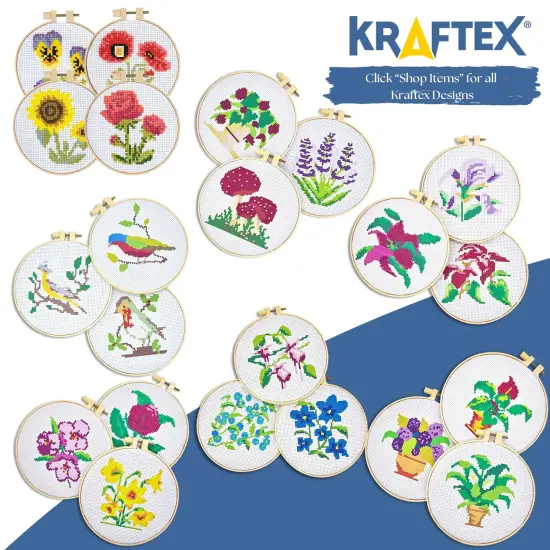 Floral Stamped Cross Stitch Kits for Beginners - 3 Pack. DIY Embroidery Needlepoint Patterns for Adults and Kids. Easy Cross Stitch Kits for Beginners (Blue Flowers, Forget Me Not & Fuschia) {2}