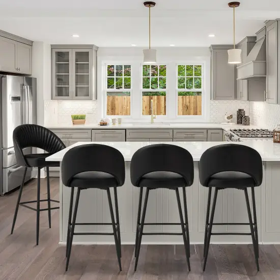 Set of 2/4 Modern Black Quilted Leatherette Bar Stool with Metal Tapered Legs {2}