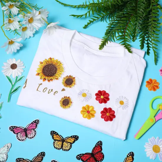 36 Pieces Flower Iron On Embroidered Patches Sunflower Cute Sew On Applique Patches for Clothing Large Colorful Decorative Patches for Clothes Dress Hat Jeans DIY (Butterfly, Sunflower, Daisy) {2}