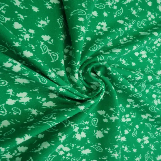 1 Yard Brushed DTY Floral Paisley Print Fabric 170 GSM, 58/60&Prime; Wide Polyester Spandex Blend GREEN {2}