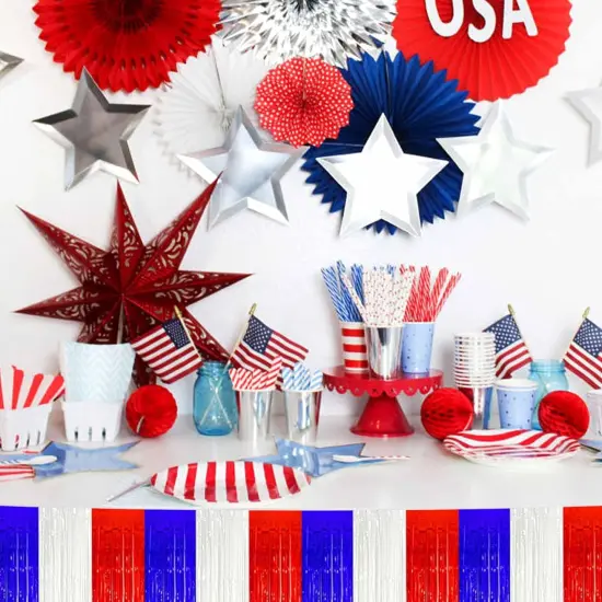 3 Pack 10 Ft White Blue Red Foil Fringe Garland Metallic Streamers Tinsel Banner Wall Hanging Garland Backdrop for Parade Floats, Halloween, Christmas, Thanksgiving, New Year Party Decorations {4}
