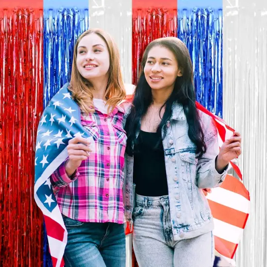 4 Pack Red Blue White Foil Fringe Curtain Backdrop, 3.28Ft x 8.2Ft Metallic Tinsel Foil Fringe Streamers Curtains for Photo Booth, Wedding, Mardi Gras, Birthday, Independence Day Party Decoration {5}