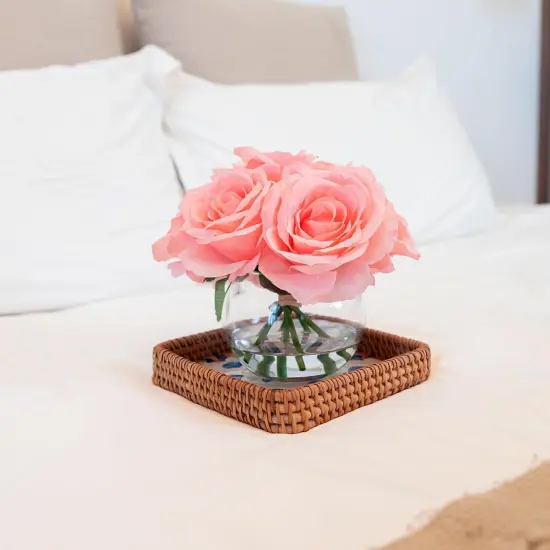 7 PCS Pink Rose Artificial Flowers with Vase Silk Fake Flowers Arrangements in Glass Vase with Faux Water {4}