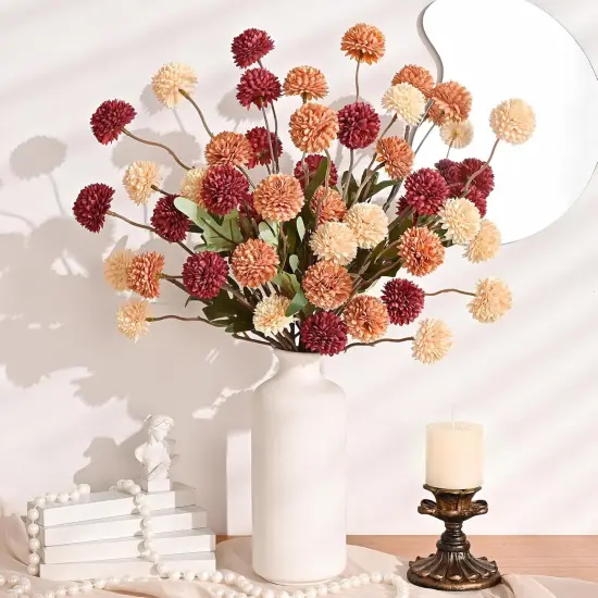 6pcs Fake Fall Flowers Silk Pompon Mums {4}