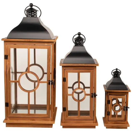 Northlight Natural Wood Candle Lanterns with Black Metal Tops - 26.5" - Set of 3 Brown {3}