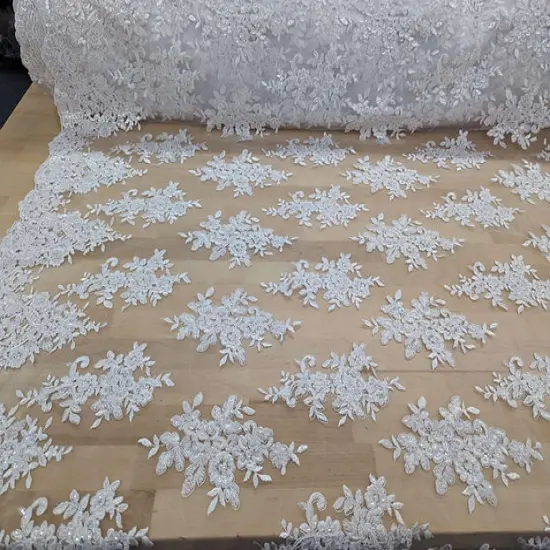 1 Yard Bridal Lace with Sequins Mesh Fabric Corded Flower Pattern 100% Polyester 50/51 Inches width Light Champagne {4}
