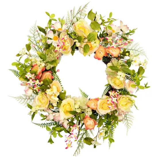 Northlight Daisy, Peony and Roses Artificial Floral Spring Wreath - 26" Pink {3}