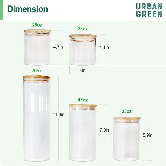 Urban Green Glass Jars with Bamboo Lids, Glass Airtight Canisters sets, Food Storage Container, Pantry Organization and Storage Jars, Kitchen Canisters Sets, Flour Containers of 6 {3}