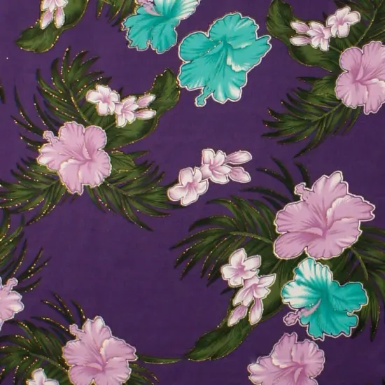 1 Yard Hibiscus Plumeria Banana Leaves Palm Leaves Glitter Polyester Fabric, 36in L x 60in W Green {6}