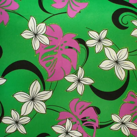1 Yard Shimmer Plumeria Flower Monstera Leaves Polyester Glitter Fabric, 60" Width Green {1}
