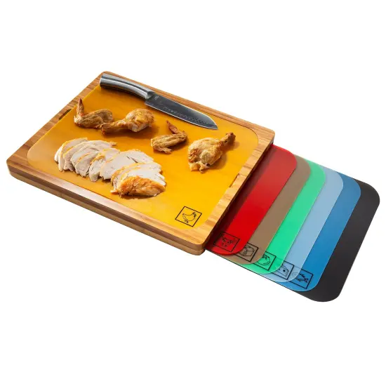 Seville Classics Bamboo Cutting Board w/ 7 Color-Coded Cutting Mats {1}
