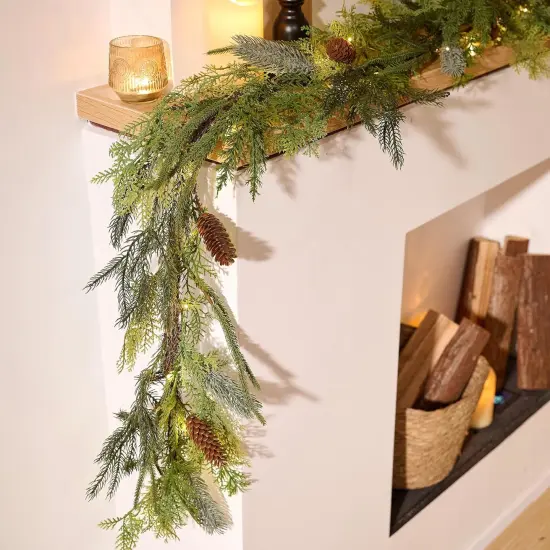 Christmas Garland with Lights, Prelit 6ft Lighted Norfolk Pine Garland, Battery Operated Artificial Greenery Christmas {2}