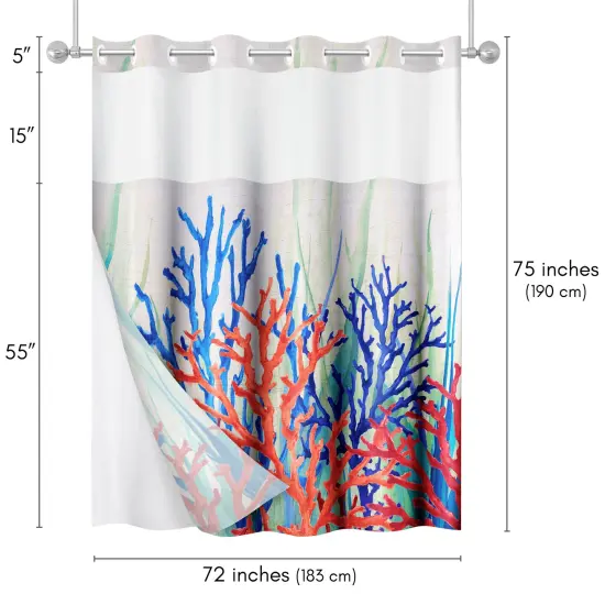 Americanflat 72x75 Hookless Shower Curtain - Coastal Orange Blue Shower Curtain with Sheer Panel, Snap-In Liner, and Grommets - 100% Polyester {2}